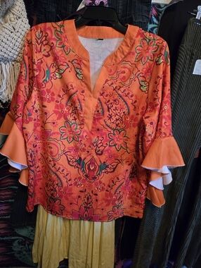 Bright Orange Floral Split-Neck Women’s Top